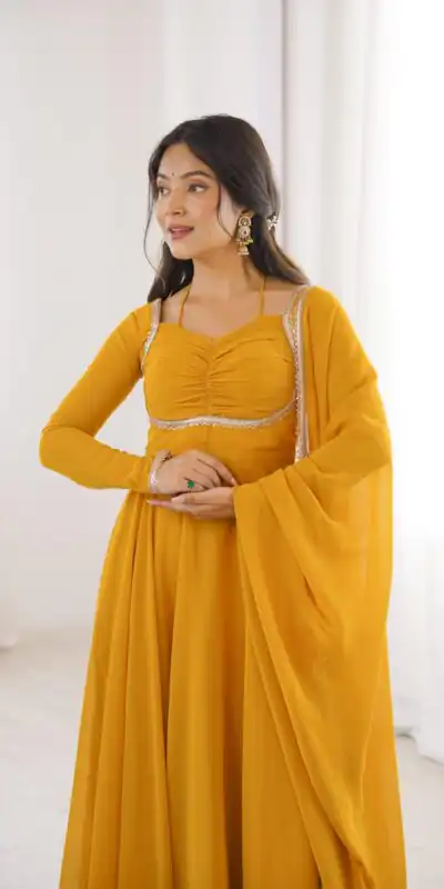 Superb Yellow Fox Blooming Georgette Lace Work Gown | Gowns, Bollywood Gowns, Creative Gowns, Designer Gowns, Embroidered Gowns, Party Wear Gowns