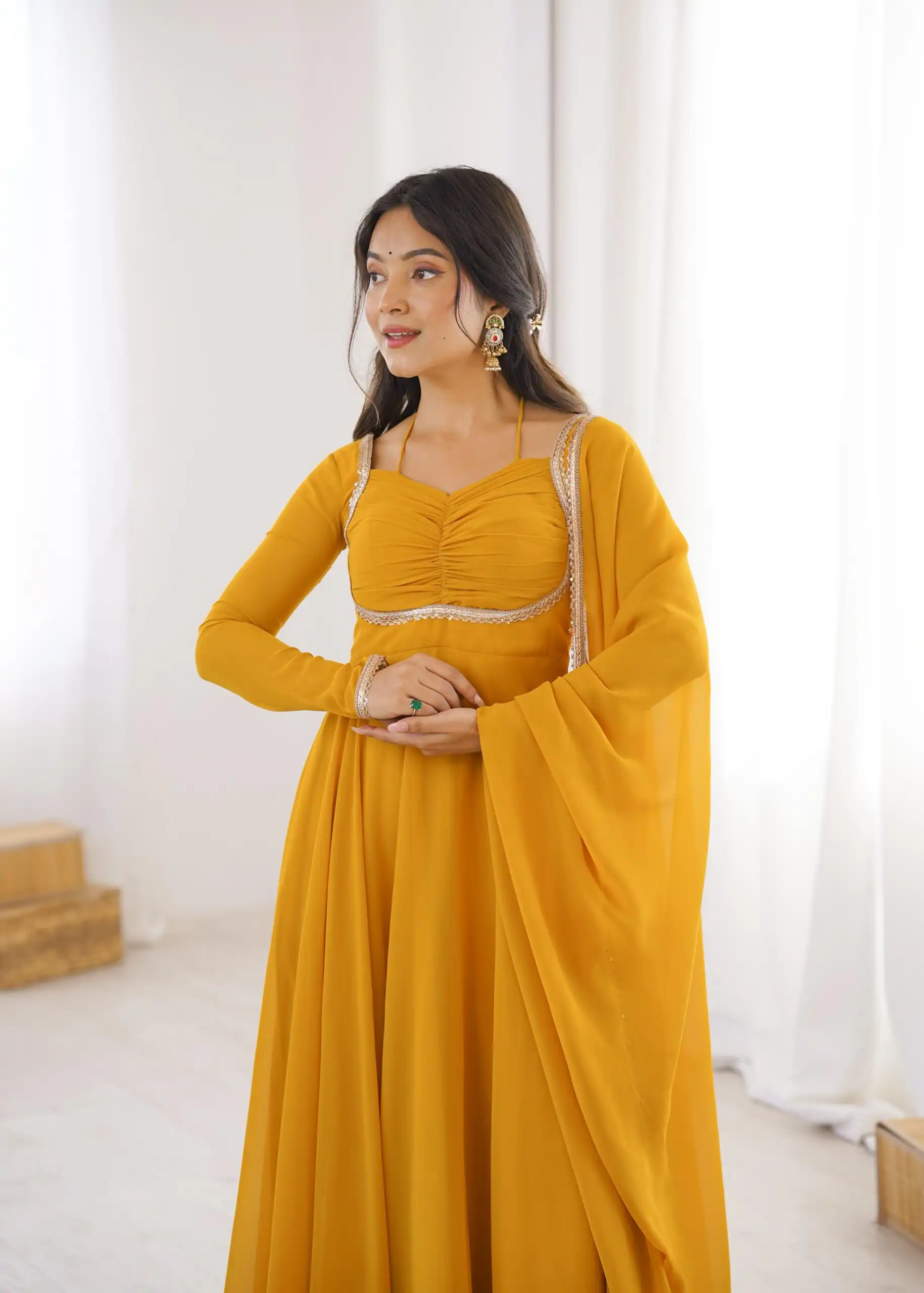 Superb Yellow Fox Blooming Georgette Lace Work Gown | Gowns, Bollywood Gowns, Creative Gowns, Designer Gowns, Embroidered Gowns, Party Wear Gowns