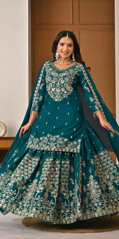 Teal Chinon Silk Embroidery Zari Work Lehenga Choli | Lehenga, Bollywood Lehenga, Creative Lehenga, Designer Lehenga, Embroidered Lehenga, Party Wear Lehenga