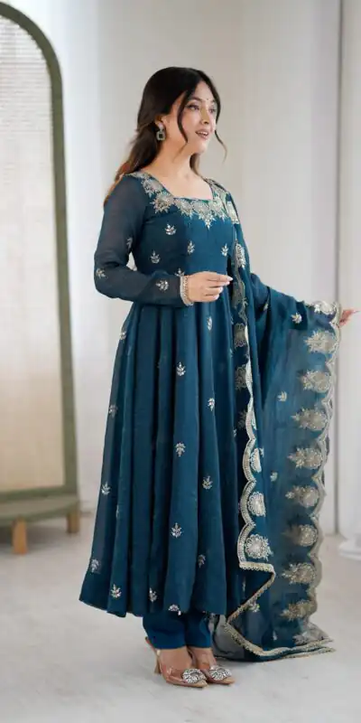 Teal Crunchy Silk Embroidery Work Gown | Gowns, Bollywood Gowns, Creative Gowns, Designer Gowns, Embroidered Gowns, Party Wear Gowns