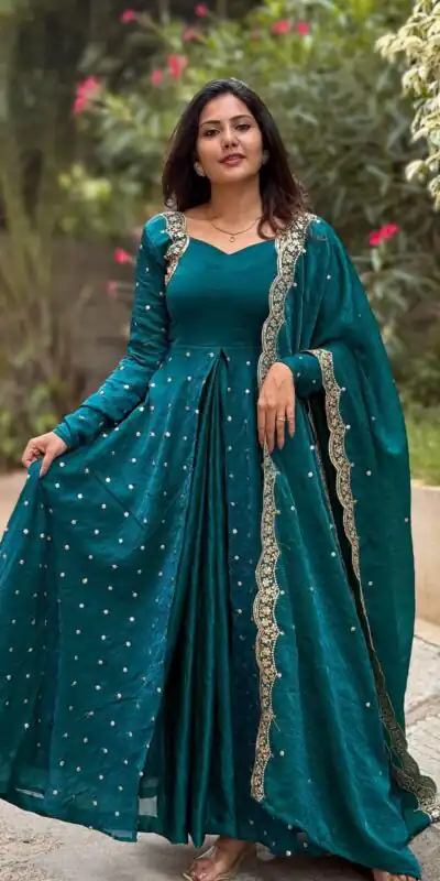 Teal Fandy Silk With Sequence Gown | Gowns, Bollywood Gowns, Creative Gowns, Designer Gowns, Embroidered Gowns, Party Wear Gowns