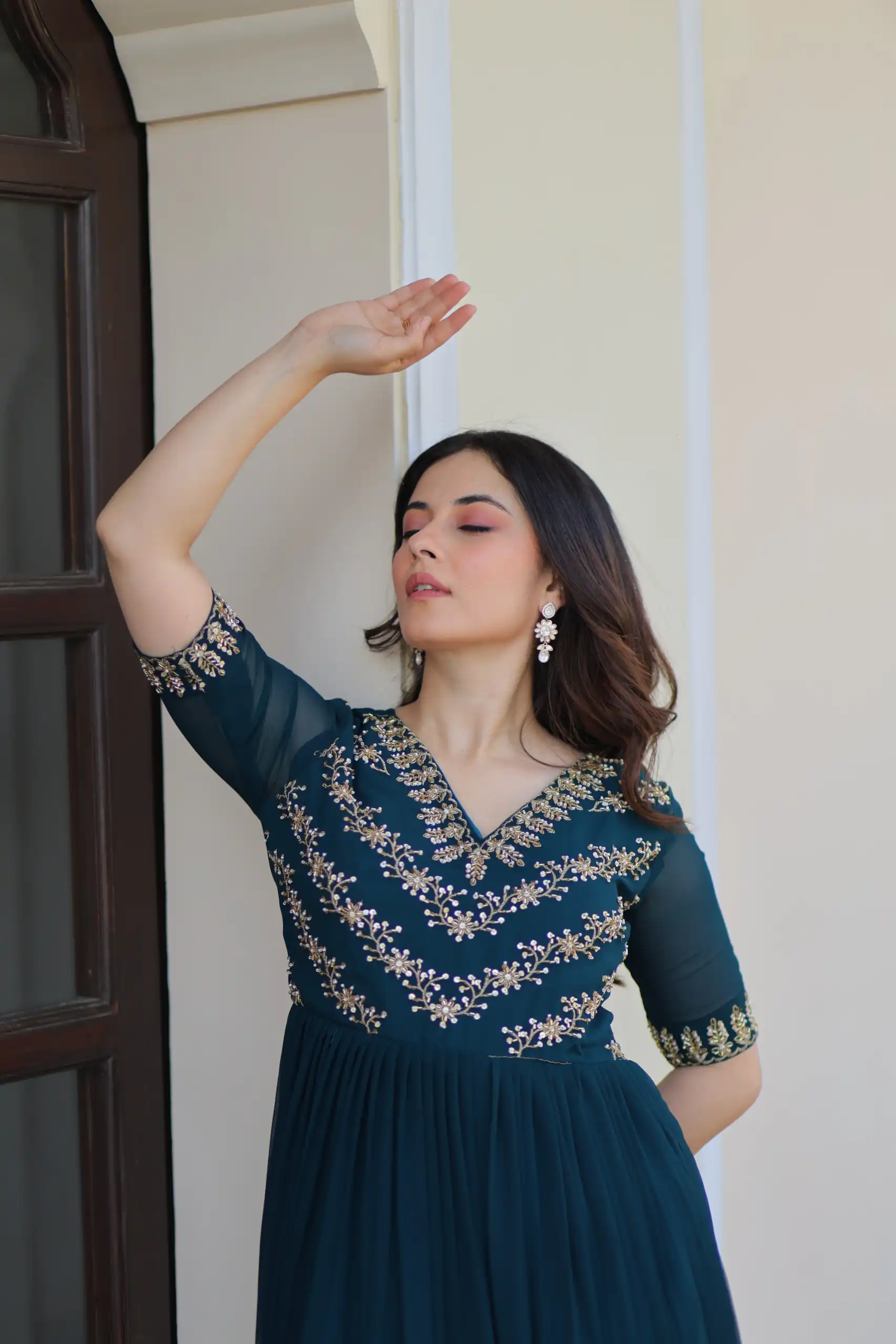 Teal Faux Blooming With Embroidery Work Gown | Gowns, Bollywood Gowns, Creative Gowns, Designer Gowns, Embroidered Gowns, Party Wear Gowns