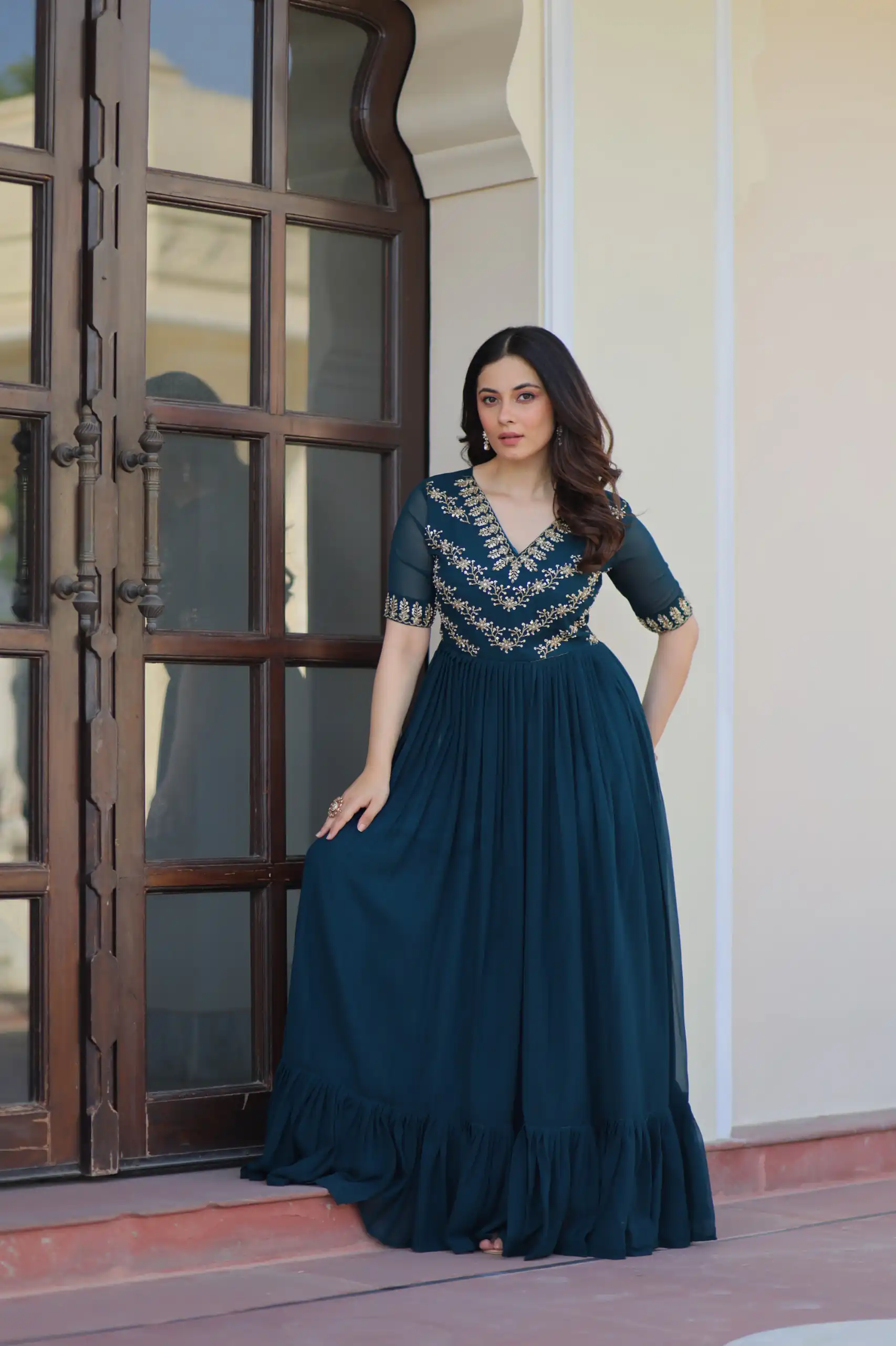 Teal Faux Blooming With Embroidery Work Gown | Gowns, Bollywood Gowns, Creative Gowns, Designer Gowns, Embroidered Gowns, Party Wear Gowns