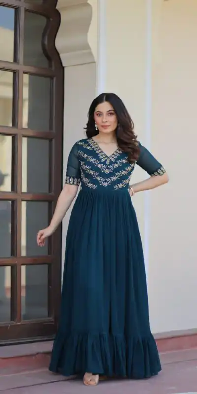 Teal Faux Blooming With Embroidery Work Gown | Gowns, Bollywood Gowns, Creative Gowns, Designer Gowns, Embroidered Gowns, Party Wear Gowns