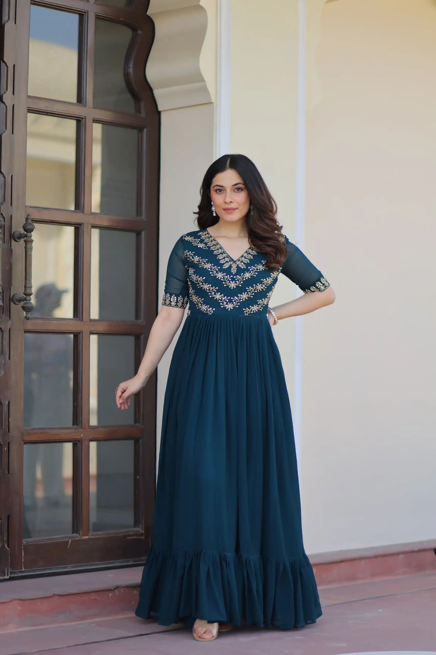 Teal Faux Blooming With Embroidery Work Gown | Gowns, Bollywood Gowns, Creative Gowns, Designer Gowns, Embroidered Gowns, Party Wear Gowns