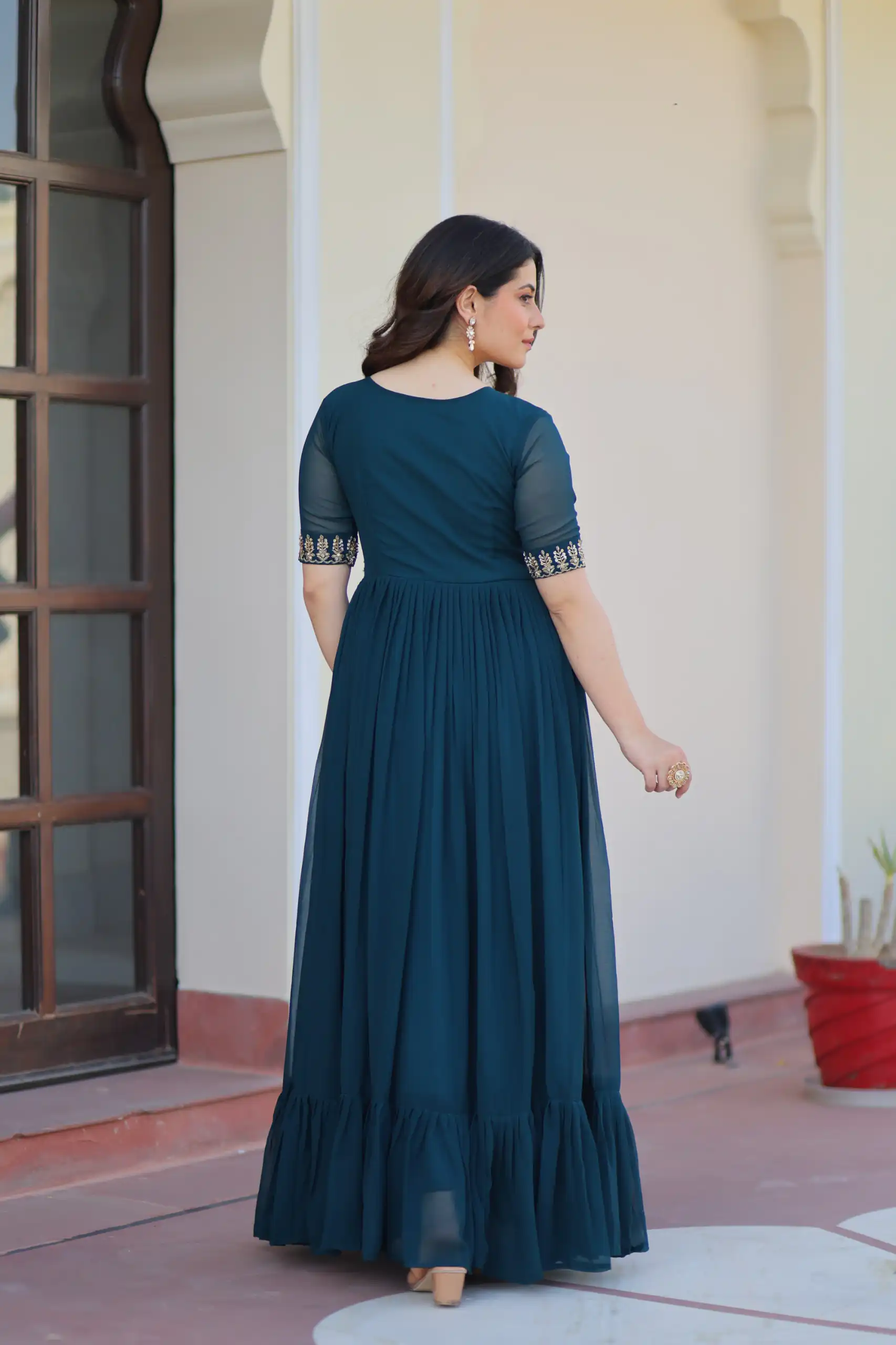 Teal Faux Blooming With Embroidery Work Gown | Gowns, Bollywood Gowns, Creative Gowns, Designer Gowns, Embroidered Gowns, Party Wear Gowns