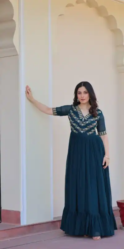 Teal Faux Blooming With Embroidery Work Gown | Gowns, Bollywood Gowns, Creative Gowns, Designer Gowns, Embroidered Gowns, Party Wear Gowns