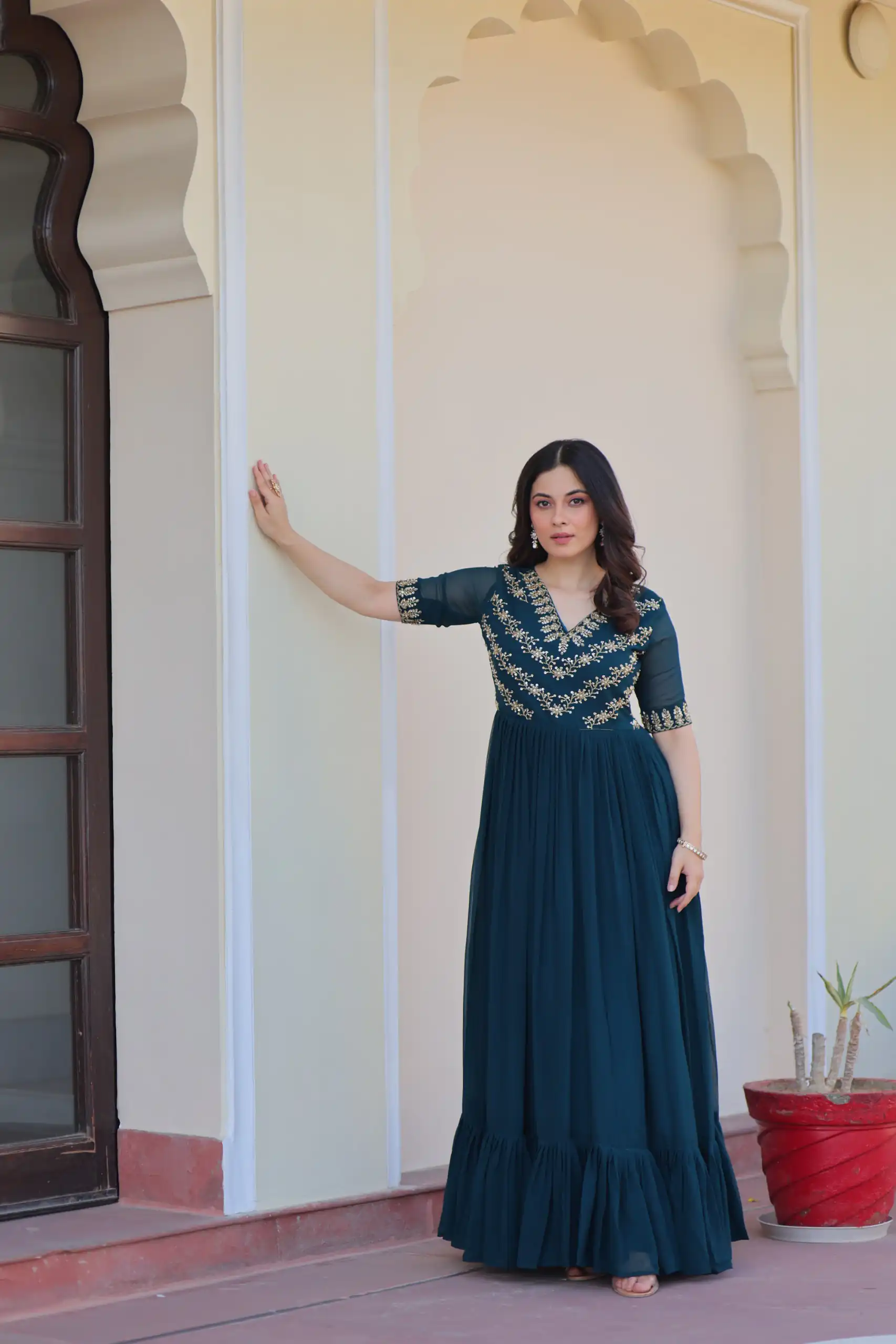 Teal Faux Blooming With Embroidery Work Gown | Gowns, Bollywood Gowns, Creative Gowns, Designer Gowns, Embroidered Gowns, Party Wear Gowns