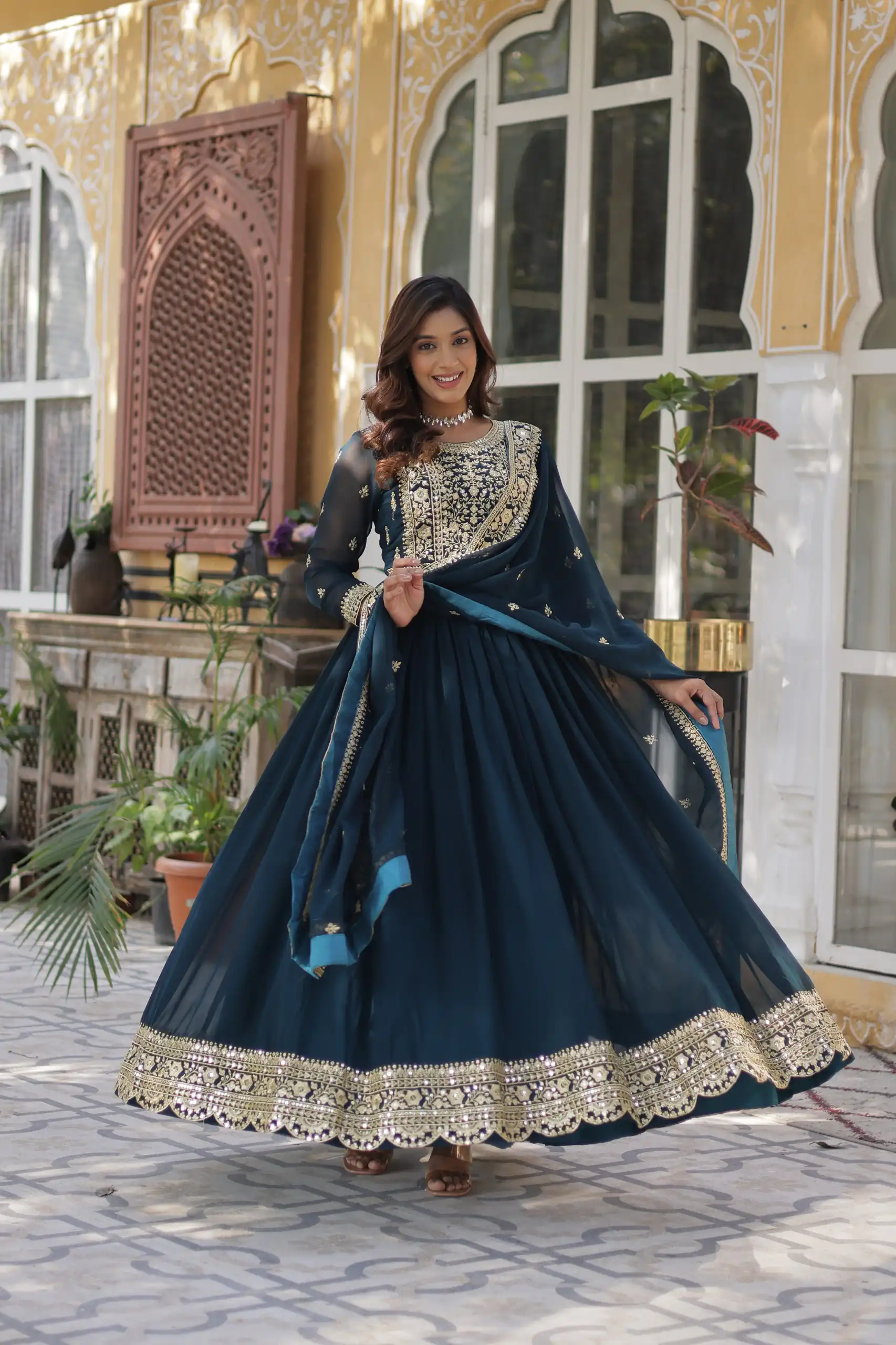 Teal Faux Blooming With Embroidery Zari Work Gown | Gowns, Bollywood Gowns, Creative Gowns, Designer Gowns, Embroidered Gowns, Party Wear Gowns