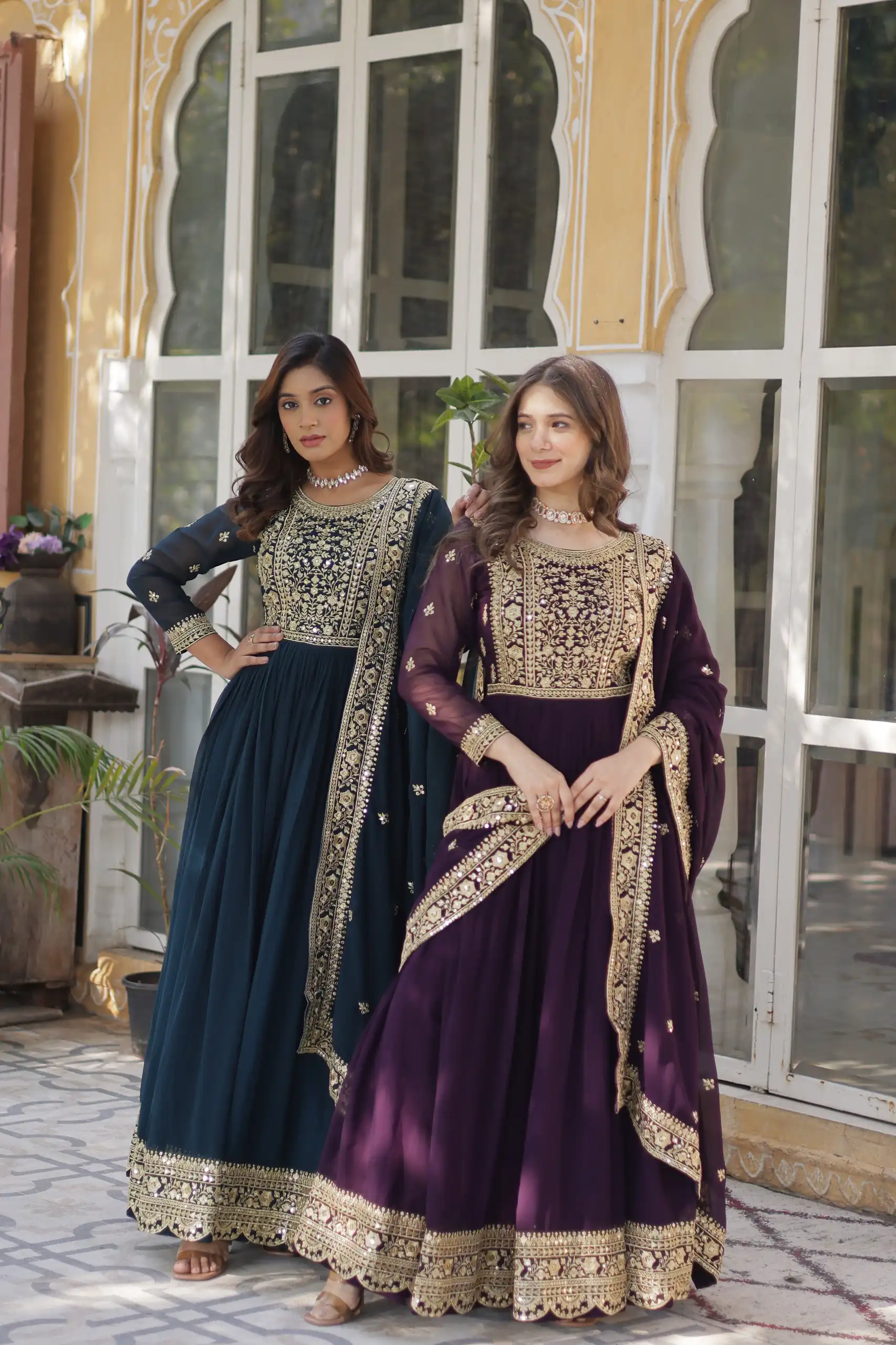 Teal Faux Blooming With Embroidery Zari Work Gown | Gowns, Bollywood Gowns, Creative Gowns, Designer Gowns, Embroidered Gowns, Party Wear Gowns