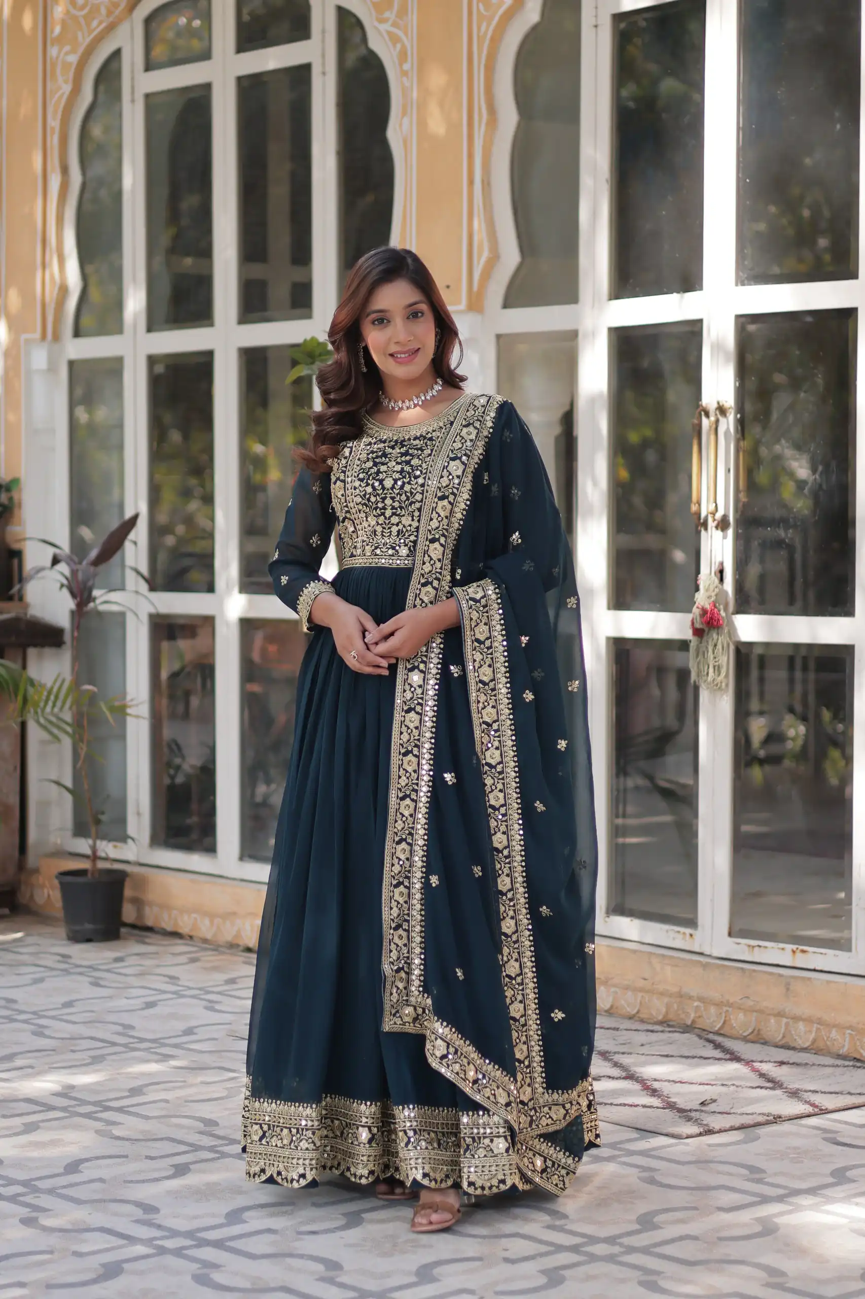 Teal Faux Blooming With Embroidery Zari Work Gown | Gowns, Bollywood Gowns, Creative Gowns, Designer Gowns, Embroidered Gowns, Party Wear Gowns