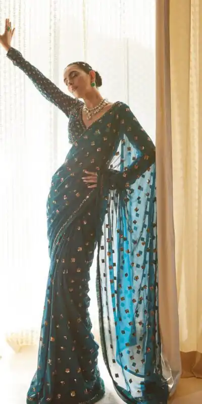 Teal Faux Georgette Embroidery Sequins Work Saree | Sarees, Bollywood Sarees, Creative Sarees, Designer Sarees, Embroidered Sarees, Ethnic Saree, Modern Digital sarees, Party Wear Sarees