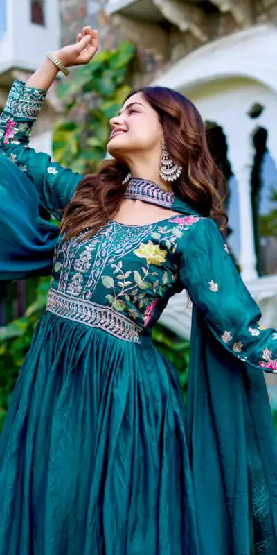 Teal Fendy Silk Embroidery Work Gown | Gowns, Bollywood Gowns, Creative Gowns, Designer Gowns, Embroidered Gowns, Party Wear Gowns