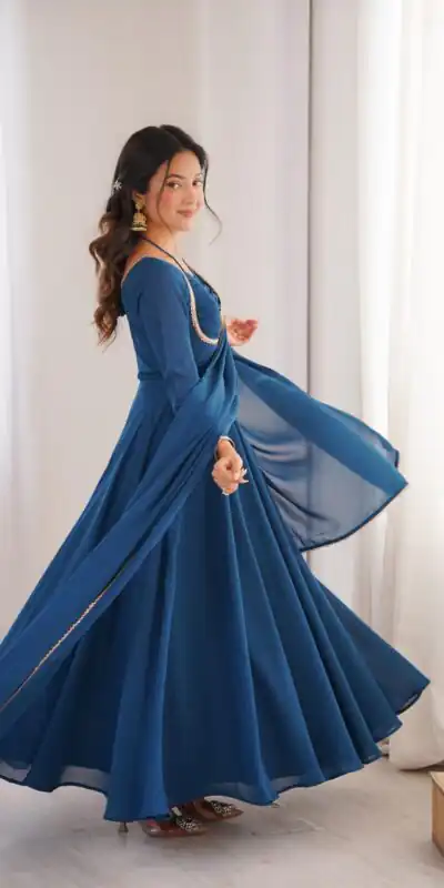 Teal Fox Blooming Georgette Lace Work Gown | Gowns, Bollywood Gowns, Creative Gowns, Designer Gowns, Embroidered Gowns, Party Wear Gowns