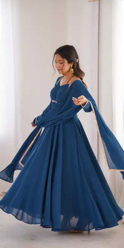 Teal Fox Blooming Georgette Lace Work Gown | Gowns, Bollywood Gowns, Creative Gowns, Designer Gowns, Embroidered Gowns, Party Wear Gowns