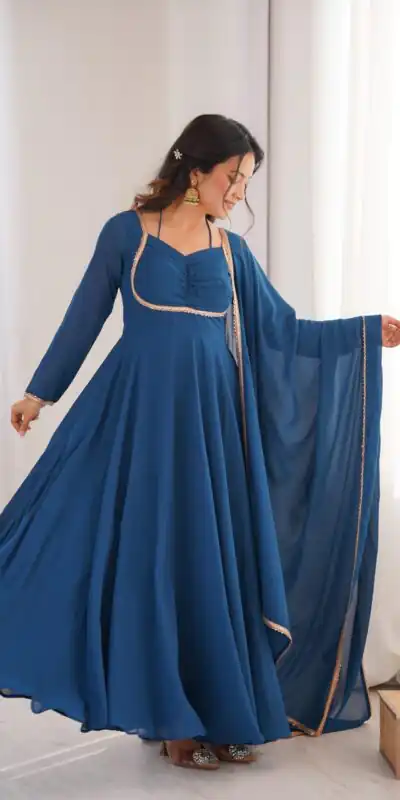 Teal Fox Blooming Georgette Lace Work Gown | Gowns, Bollywood Gowns, Creative Gowns, Designer Gowns, Embroidered Gowns, Party Wear Gowns