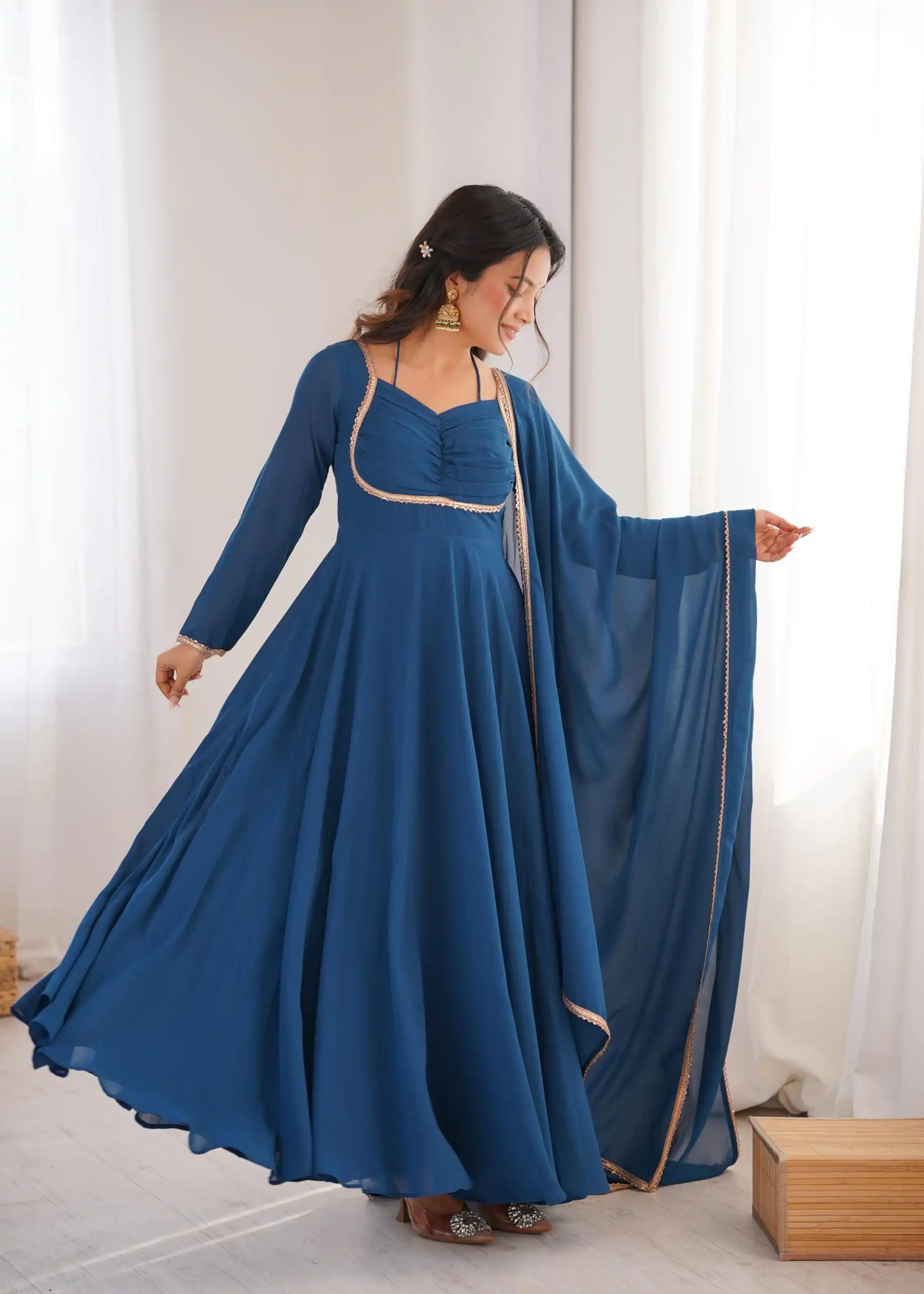 Teal Fox Blooming Georgette Lace Work Gown | Gowns, Bollywood Gowns, Creative Gowns, Designer Gowns, Embroidered Gowns, Party Wear Gowns