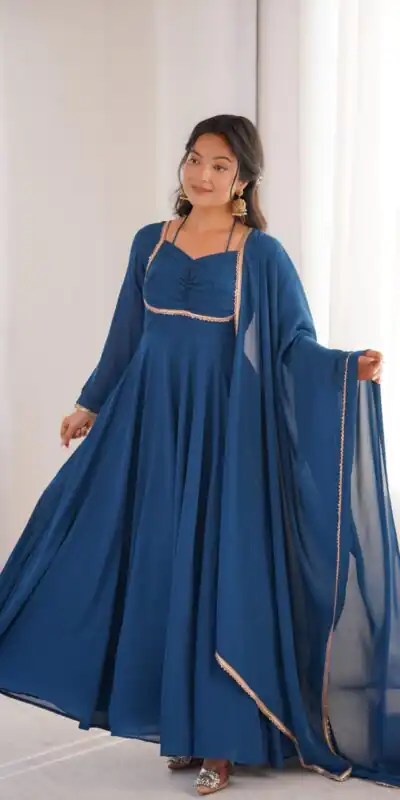 Teal Fox Blooming Georgette Lace Work Gown | Gowns, Bollywood Gowns, Creative Gowns, Designer Gowns, Embroidered Gowns, Party Wear Gowns