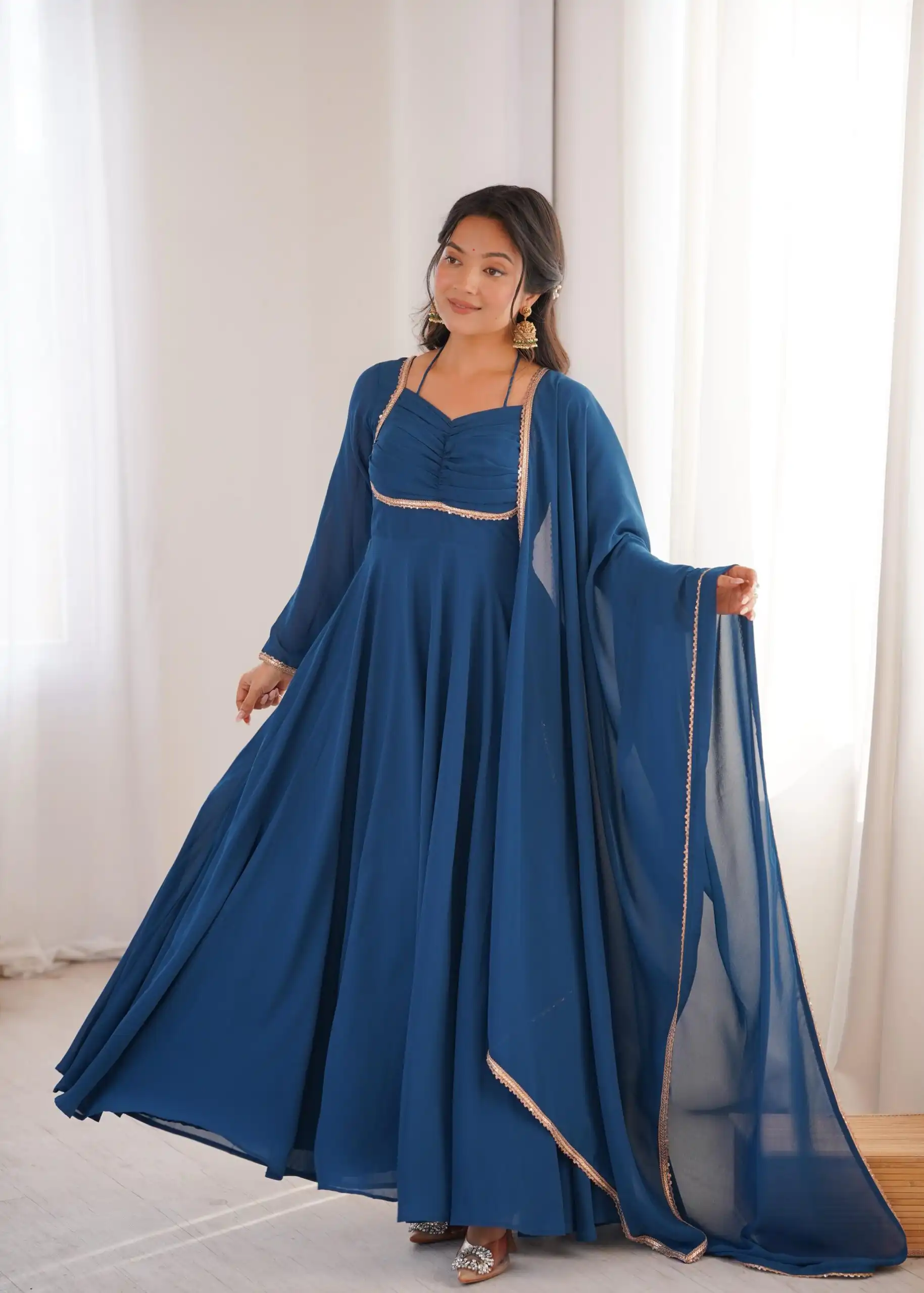 Teal Fox Blooming Georgette Lace Work Gown | Gowns, Bollywood Gowns, Creative Gowns, Designer Gowns, Embroidered Gowns, Party Wear Gowns