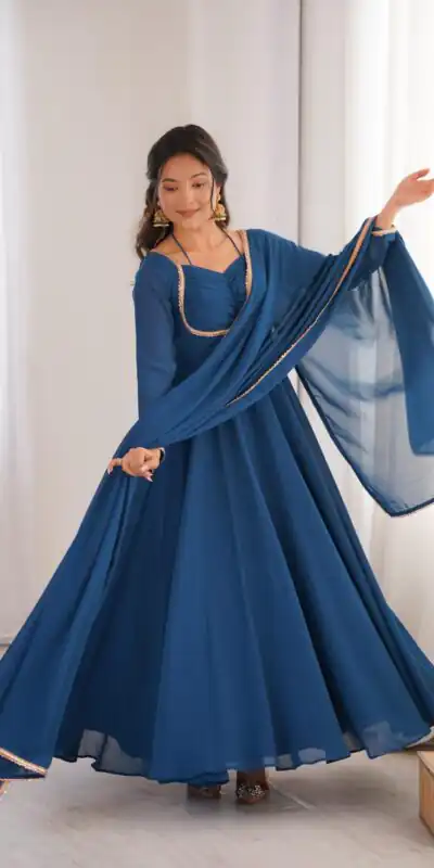 Teal Fox Blooming Georgette Lace Work Gown | Gowns, Bollywood Gowns, Creative Gowns, Designer Gowns, Embroidered Gowns, Party Wear Gowns