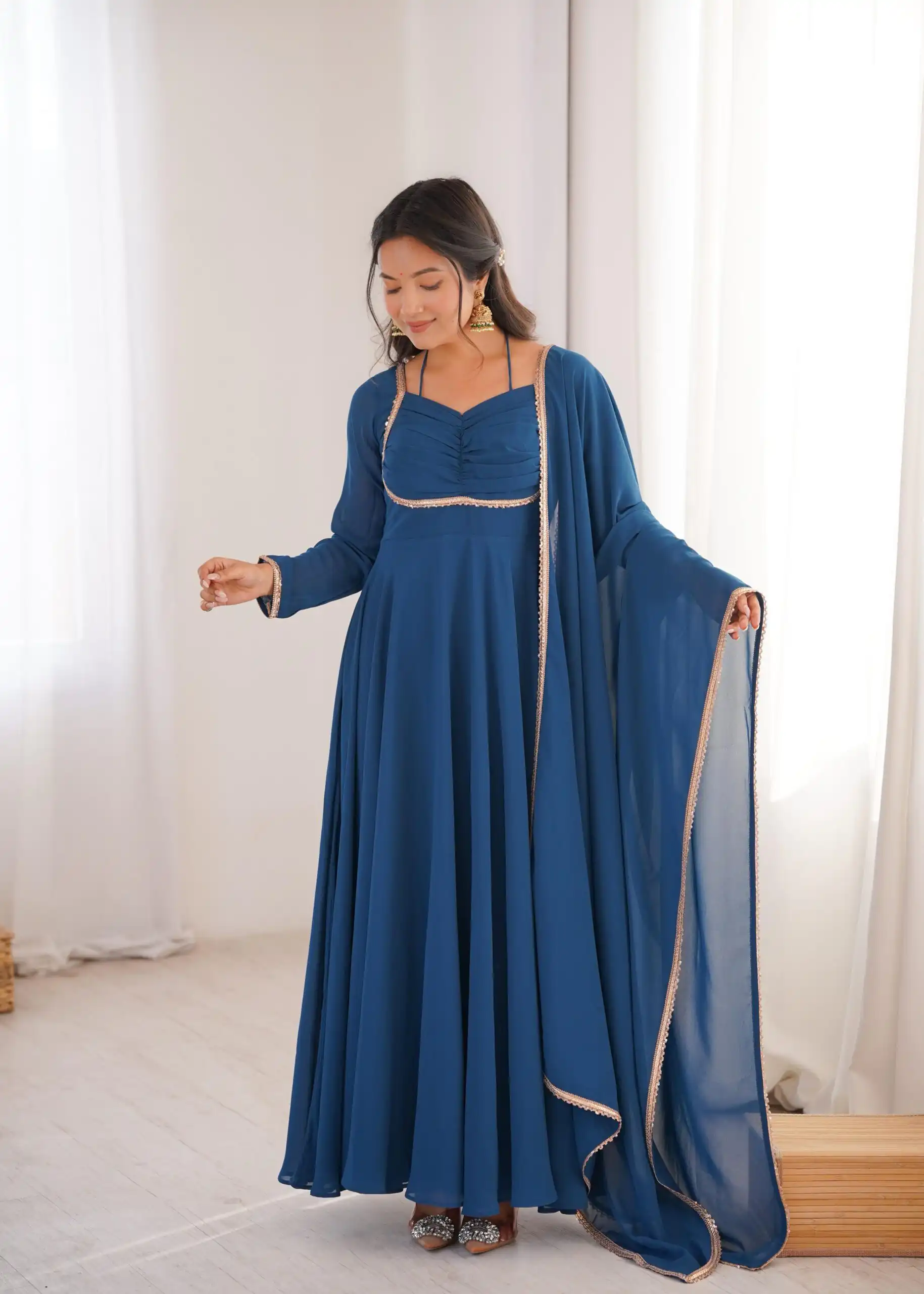 Teal Fox Blooming Georgette Lace Work Gown | Gowns, Bollywood Gowns, Creative Gowns, Designer Gowns, Embroidered Gowns, Party Wear Gowns