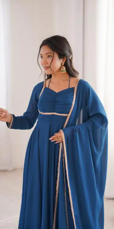 Teal Fox Blooming Georgette Lace Work Gown | Gowns, Bollywood Gowns, Creative Gowns, Designer Gowns, Embroidered Gowns, Party Wear Gowns