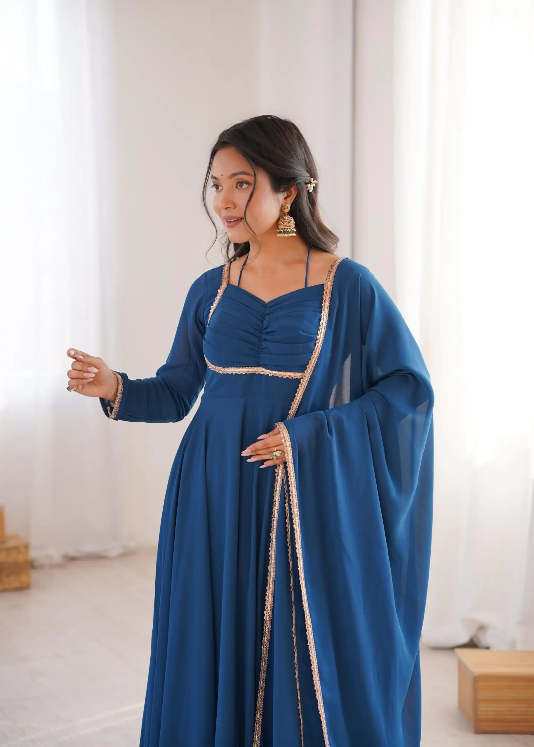 Teal Fox Blooming Georgette Lace Work Gown | Gowns, Bollywood Gowns, Creative Gowns, Designer Gowns, Embroidered Gowns, Party Wear Gowns