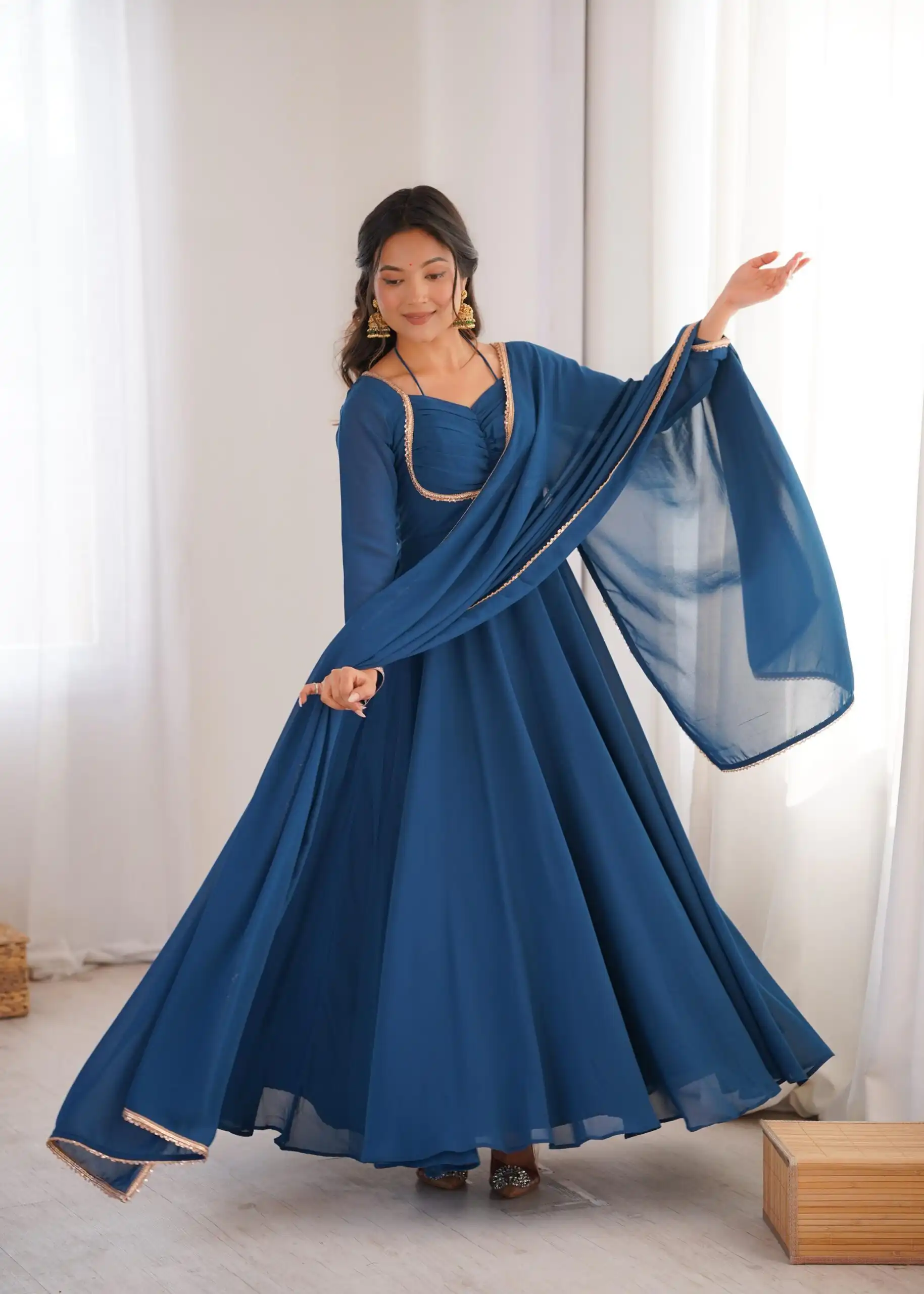 Teal Fox Blooming Georgette Lace Work Gown | Gowns, Bollywood Gowns, Creative Gowns, Designer Gowns, Embroidered Gowns, Party Wear Gowns