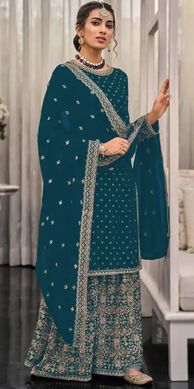 Teal Georgette Embroidery Lace Work Salwar Suit | Jump Suits, Tops & Bottoms, Track Suits, Salwar suit, Casual Suits, Creative suits, Designer Suits, Palazzo Suits, Party Wear Suits, Patiala Suits, Straight Suits, Trendy Wear