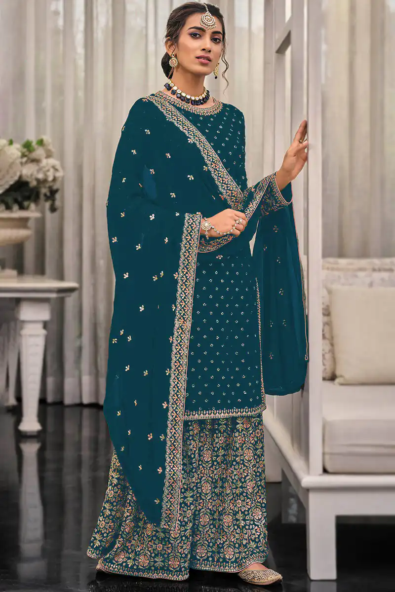 Teal Georgette Embroidery Lace Work Salwar Suit | Jump Suits, Tops & Bottoms, Track Suits, Salwar suit, Casual Suits, Creative suits, Designer Suits, Palazzo Suits, Party Wear Suits, Patiala Suits, Straight Suits, Trendy Wear