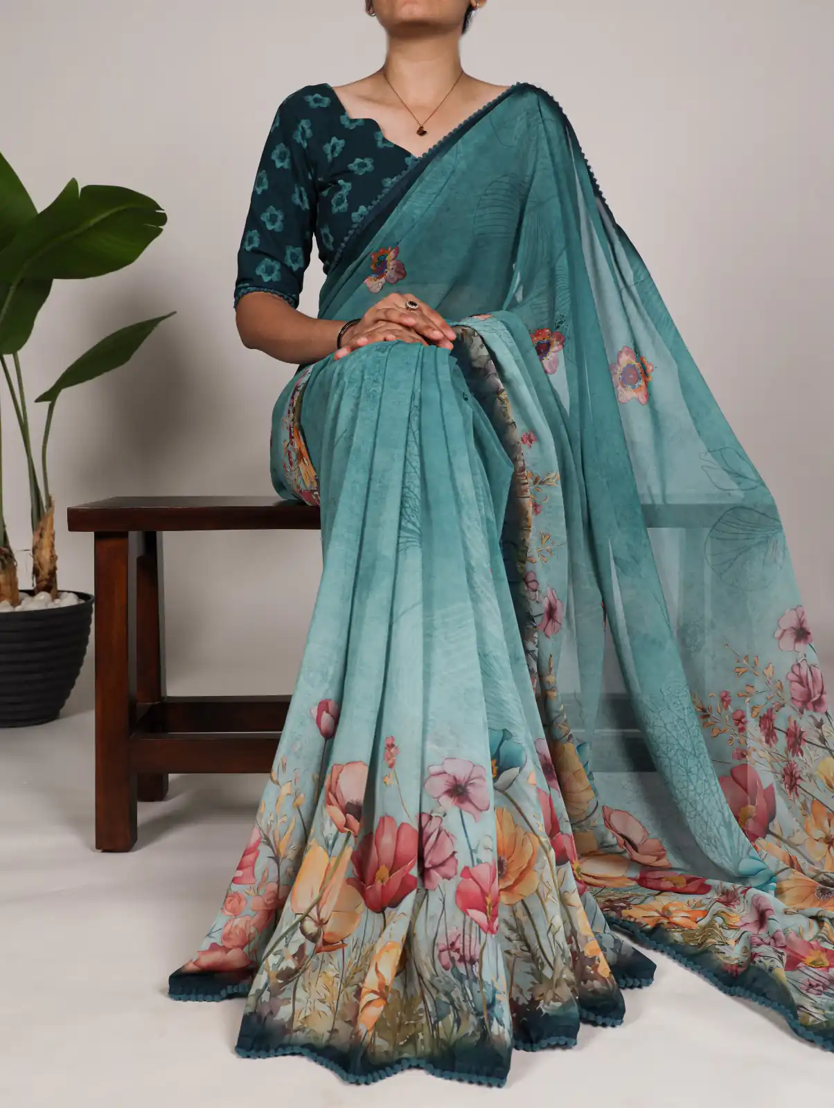 Teal Georgette Floral Saree | Sarees, Bollywood Sarees, Creative Sarees, Designer Sarees, Embroidered Sarees, Ethnic Saree, Modern Digital sarees, Party Wear Sarees