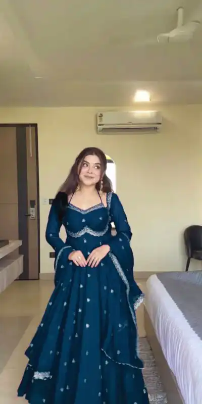 Teal Georgette Sequence Gown | Gowns, Bollywood Gowns, Creative Gowns, Designer Gowns, Embroidered Gowns, Party Wear Gowns