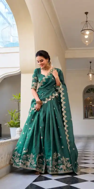Teal Gold Crush Sequins Embroidery Work Lehenga Choli | Lehenga, Bollywood Lehenga, Creative Lehenga, Designer Lehenga, Embroidered Lehenga, Party Wear Lehenga