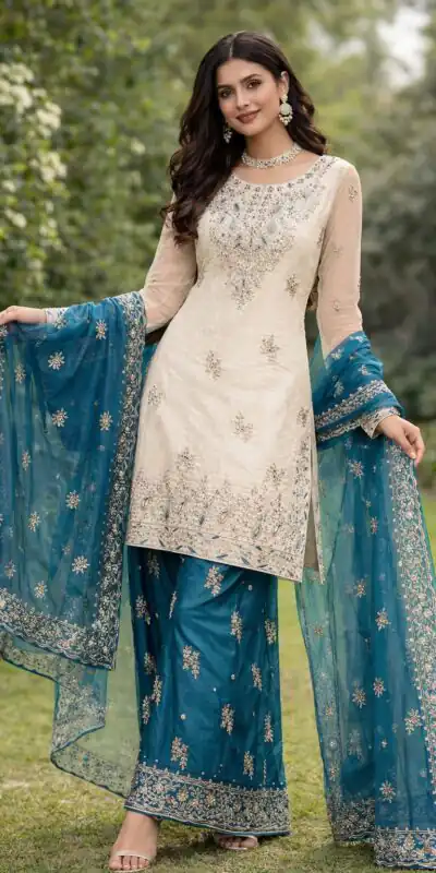 Teal Organza Silk Moti Work Salwar Suit | Jump Suits, Salwar suit, Casual Suits, Creative suits, Designer Suits, Palazzo Suits, Party Wear Suits, Patiala Suits, Straight Suits