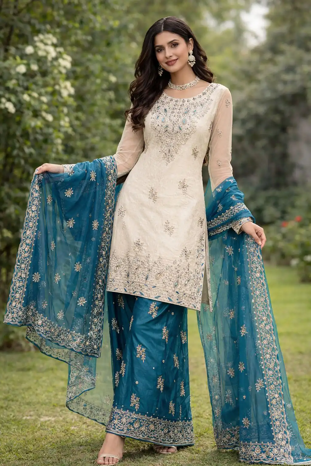 Teal Organza Silk Moti Work Salwar Suit | Jump Suits, Salwar suit, Casual Suits, Creative suits, Designer Suits, Palazzo Suits, Party Wear Suits, Patiala Suits, Straight Suits