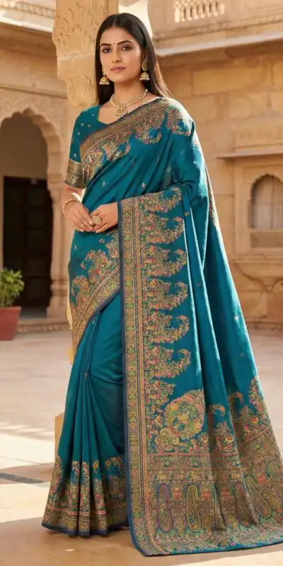 Teal Pashmina Silk Lace Work Border Saree | Sarees, Bollywood Sarees, Creative Sarees, Designer Sarees, Embroidered Sarees, Ethnic Saree, Modern Digital sarees, Party Wear Sarees