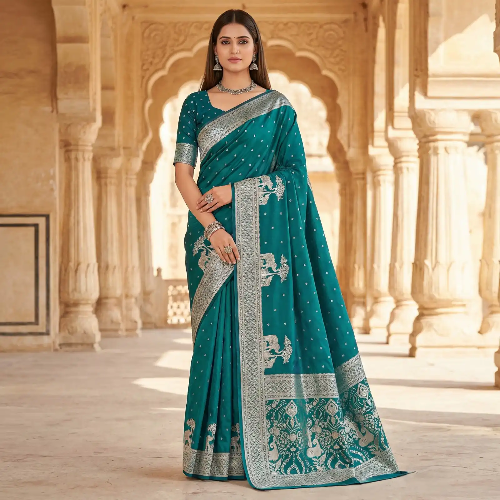 Teal Pure Banarasi Silk Zari Lace Work Saree | Sarees, Bollywood Sarees, Creative Sarees, Designer Sarees, Embroidered Sarees, Ethnic Saree, Modern Digital sarees, Party Wear Sarees
