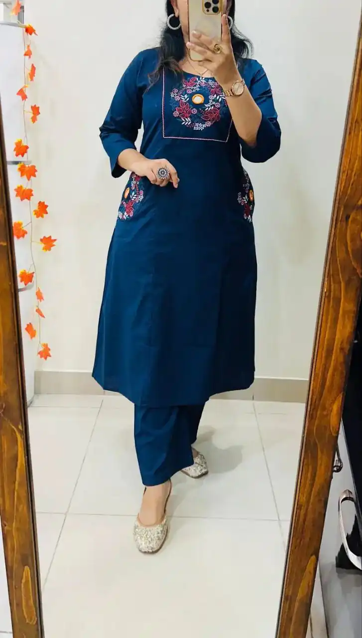 Teal Soft Cotton Slub Embroidery Work Kurti | Kurti, Bollywood Kurti, Creative Kurtis, Designer Kurti, Party Wear Kurti, Selfie Kurti