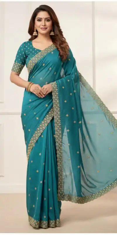 Teal Star Georgette Embroidery Work Saree | Sarees, Bollywood Sarees, Creative Sarees, Designer Sarees, Embroidered Sarees, Ethnic Saree, Modern Digital sarees, Party Wear Sarees