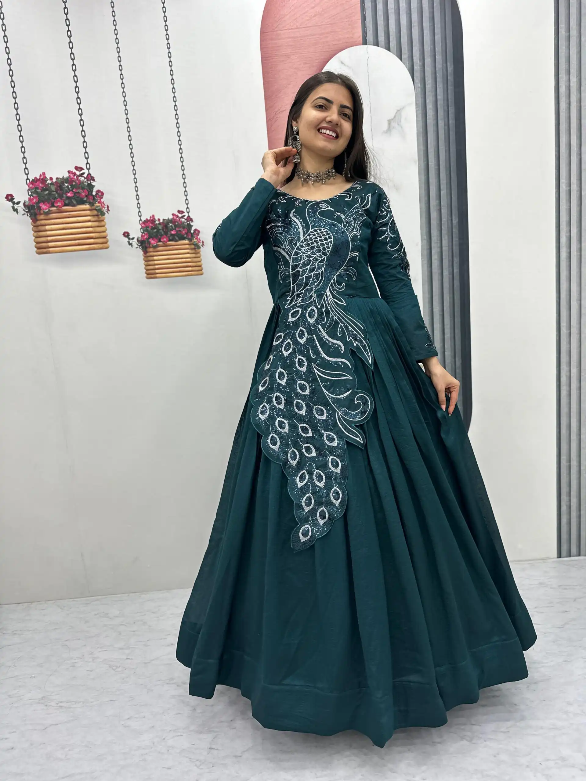 Teal Vichitra Silk Embroider Sequins Work Gown | Gowns, Bollywood Gowns, Creative Gowns, Designer Gowns, Embroidered Gowns, Party Wear Gowns