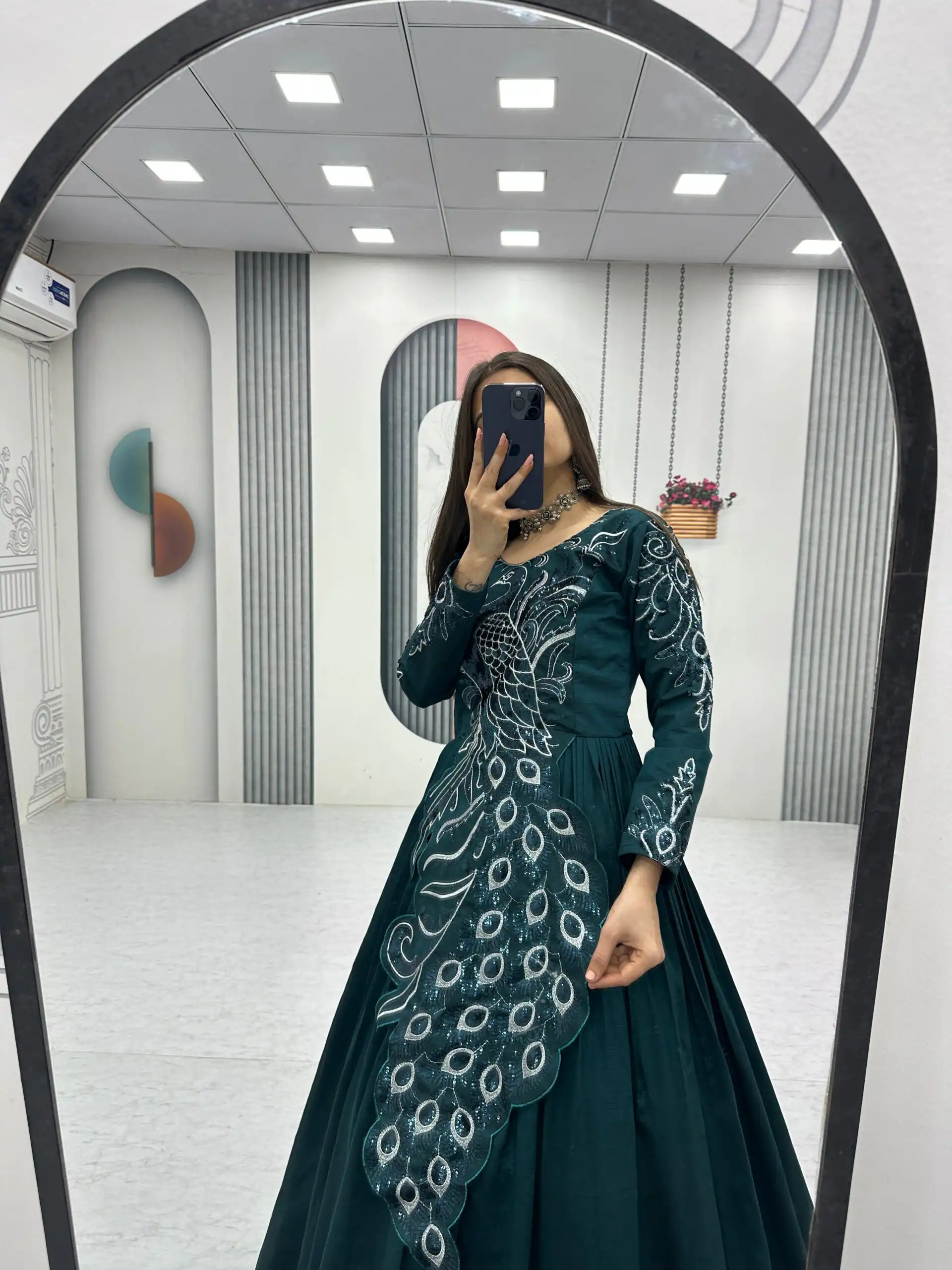 Teal Vichitra Silk Embroider Sequins Work Gown | Gowns, Bollywood Gowns, Creative Gowns, Designer Gowns, Embroidered Gowns, Party Wear Gowns