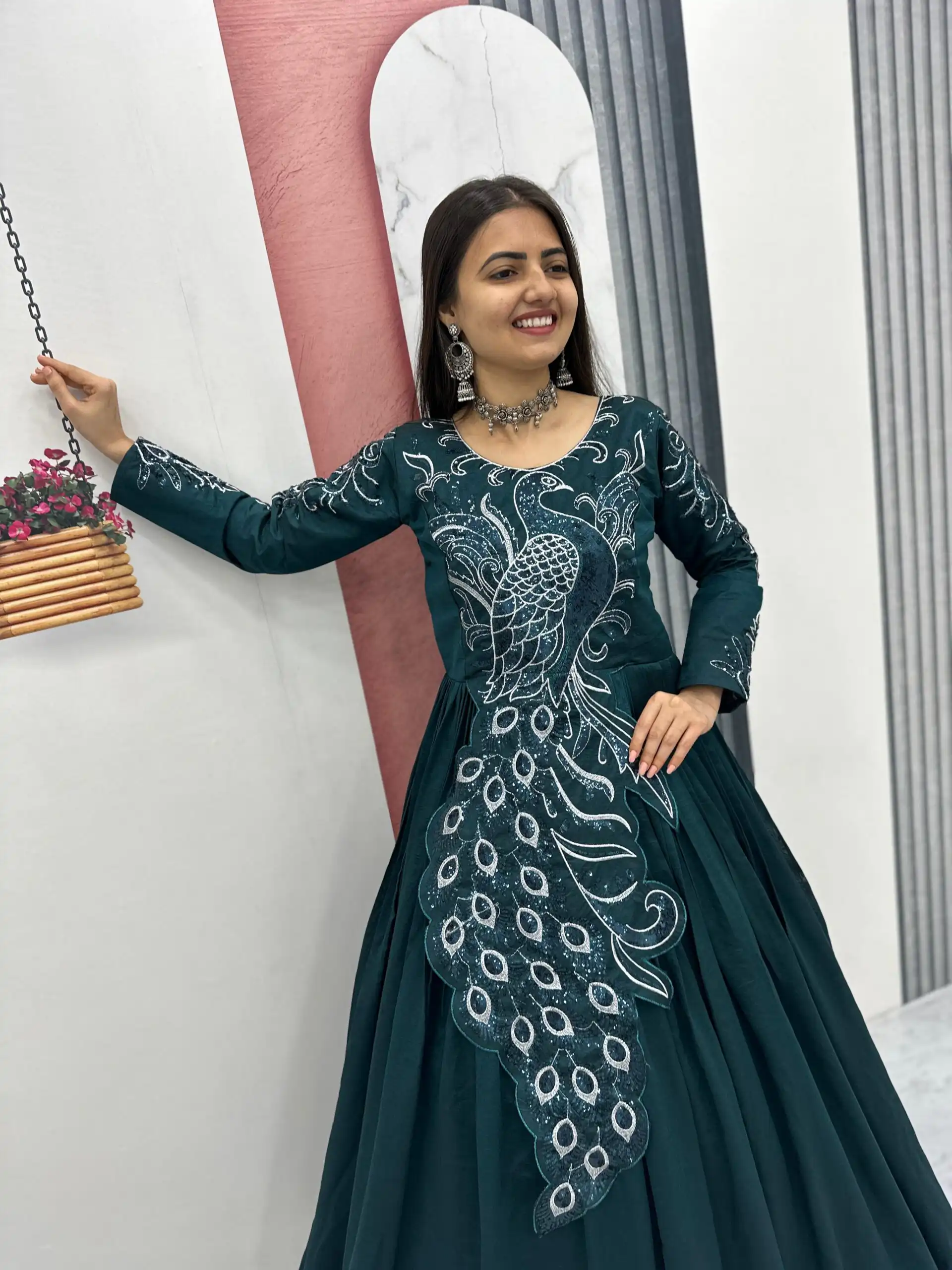 Teal Vichitra Silk Embroider Sequins Work Gown | Gowns, Bollywood Gowns, Creative Gowns, Designer Gowns, Embroidered Gowns, Party Wear Gowns