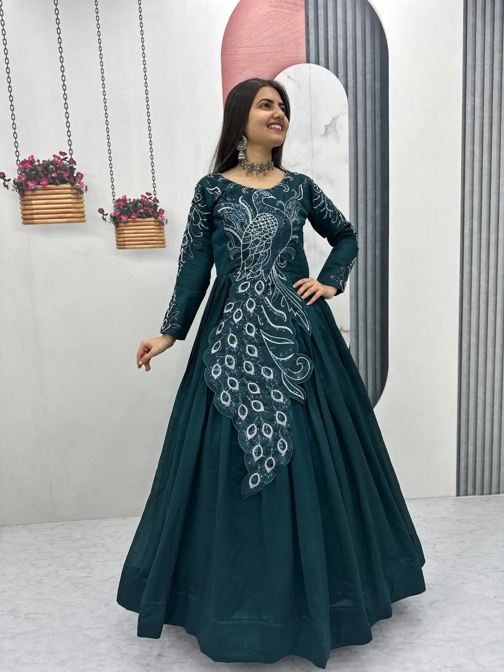 Teal Vichitra Silk Embroider Sequins Work Gown | Gowns, Bollywood Gowns, Creative Gowns, Designer Gowns, Embroidered Gowns, Party Wear Gowns