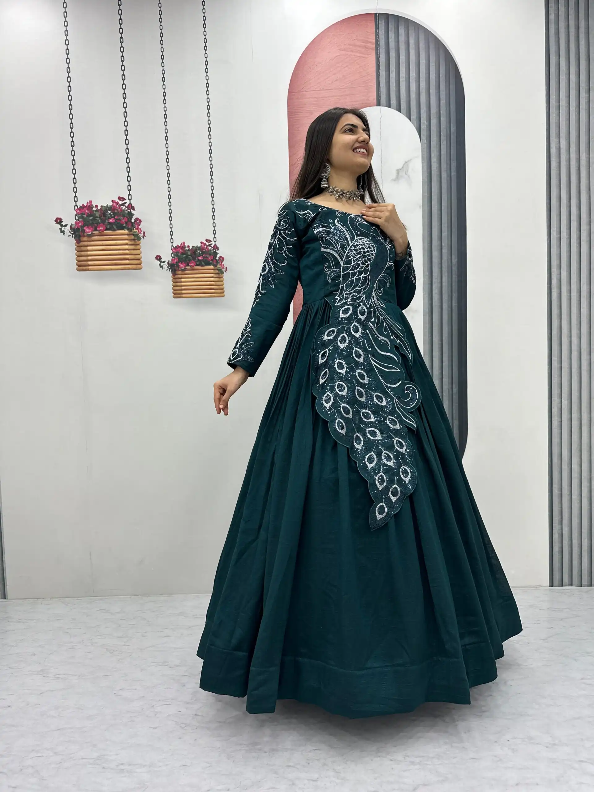 Teal Vichitra Silk Embroider Sequins Work Gown | Gowns, Bollywood Gowns, Creative Gowns, Designer Gowns, Embroidered Gowns, Party Wear Gowns
