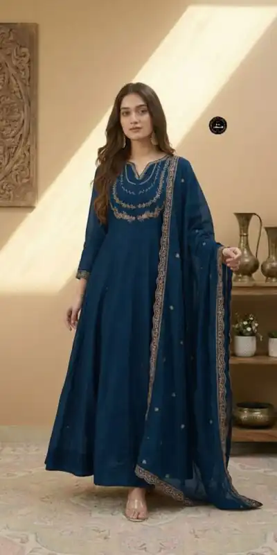 Teal Vichitra Silk Sequence Work Gown | Gowns, Bollywood Gowns, Creative Gowns, Designer Gowns, Embroidered Gowns, Party Wear Gowns
