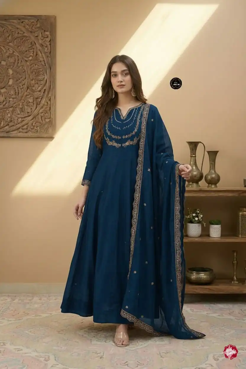 Teal Vichitra Silk Sequence Work Gown | Gowns, Bollywood Gowns, Creative Gowns, Designer Gowns, Embroidered Gowns, Party Wear Gowns