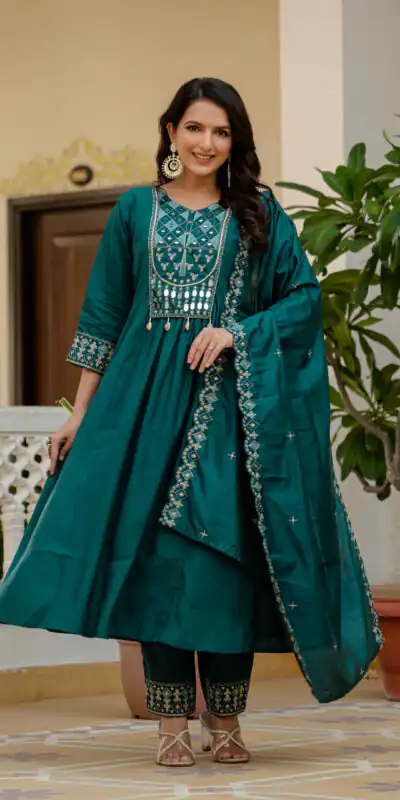 Teal Viscose Roman Silk Mirror Work Anarkali Suit | Anarkali Suits, Bollywood Anarkali, Creative-Anarkali, Designer Anarkali, Embroidered Anarkali, Party Wear Anarkali