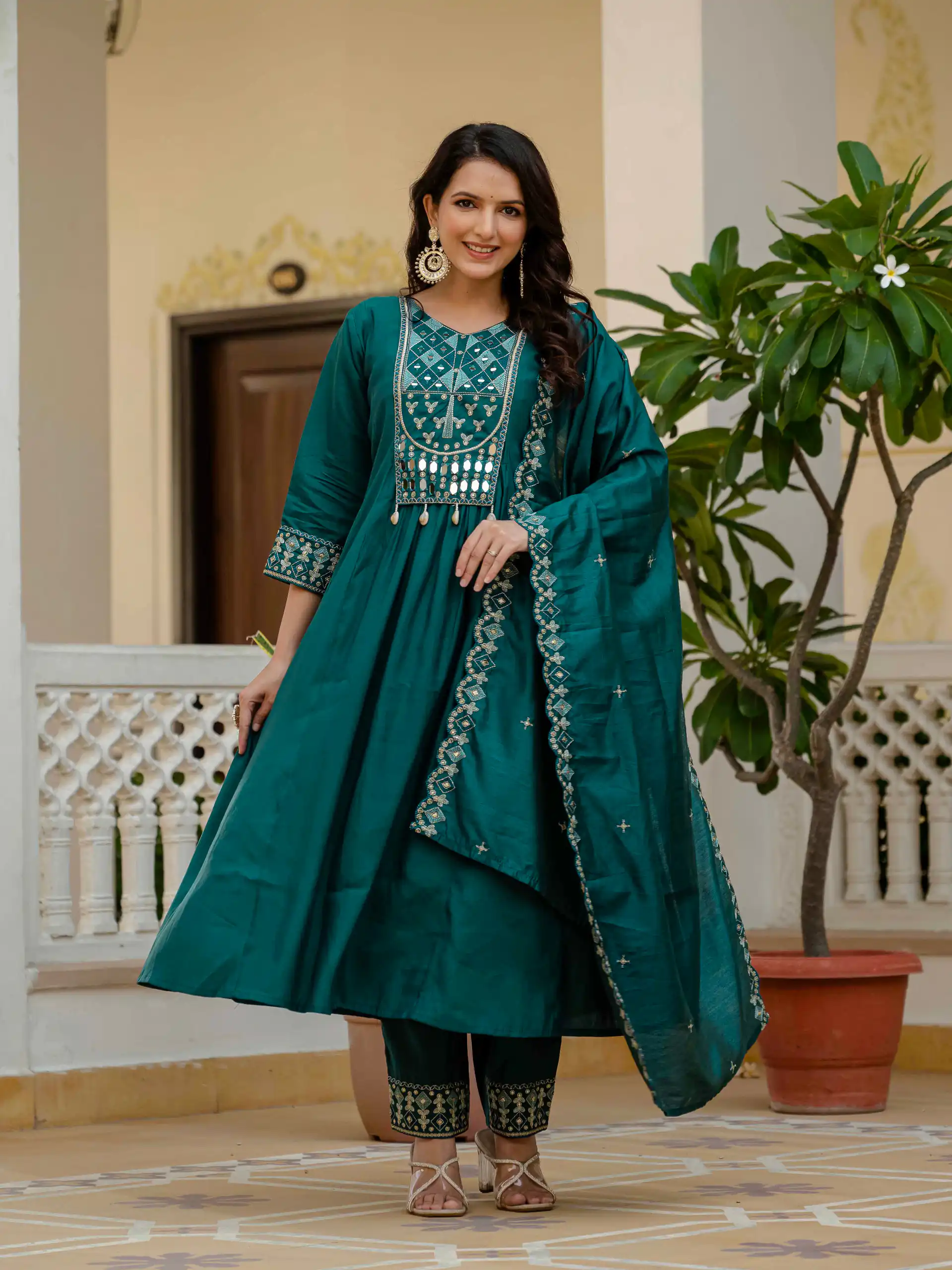 Teal Viscose Roman Silk Mirror Work Anarkali Suit | Anarkali Suits, Bollywood Anarkali, Creative-Anarkali, Designer Anarkali, Embroidered Anarkali, Party Wear Anarkali