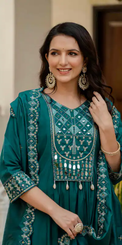 Teal Viscose Roman Silk Mirror Work Anarkali Suit | Anarkali Suits, Bollywood Anarkali, Creative-Anarkali, Designer Anarkali, Embroidered Anarkali, Party Wear Anarkali
