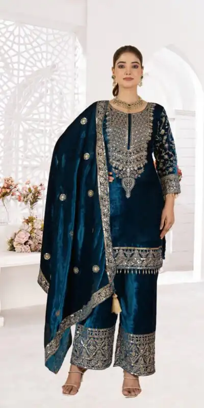 Teal Viscose Velvet With Sequence Work Salwar Suit | Jump Suits, Salwar suit, Casual Suits, Creative suits, Designer Suits, Palazzo Suits, Party Wear Suits, Patiala Suits, Straight Suits